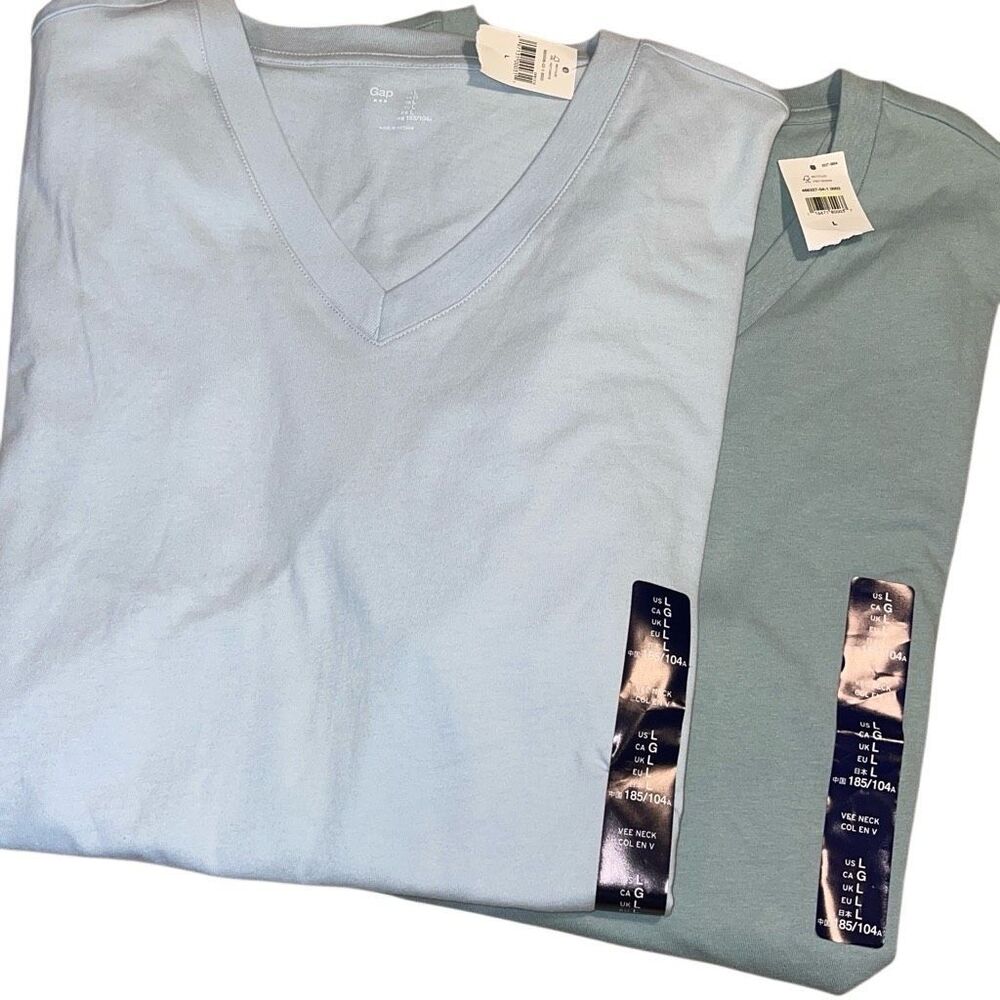 GAP Set of 2 Mens V-Neck 100% Cotton Short Sleeve T-Shirt Blue‎ Green Large NWT